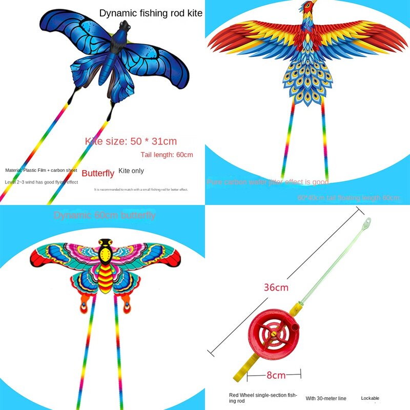 Kite Borboleta Azul Infantil, 3D Dinâmico, Desenhos Animados, Brinquedo de Exterior, Ripstop, Vara de Pesca, Novo, Amante Chinês do Vento, Verão