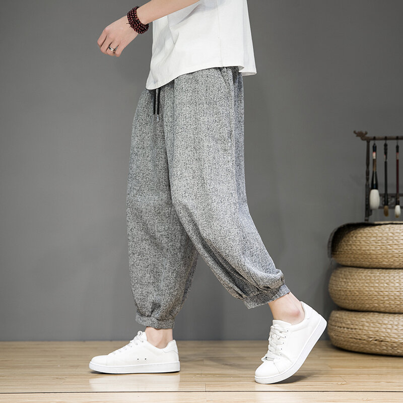 Japanese Summer Cotton and Linen Casual Pants for Men Breathable and Comfortable Ankle-Length Pants