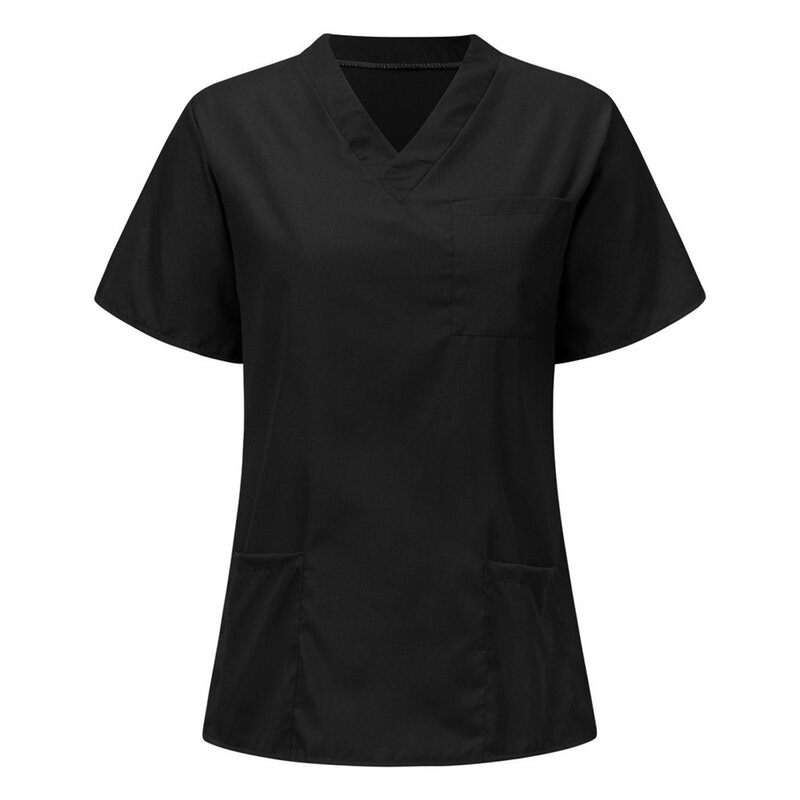 ملابس علوية نسائية متعددة الجيوب للتمريض ، بلوزة قصيرة الأكمام ، زي موحد للممرضات برقبة على شكل حرف V ، ملابس علوية لغرفة العمليات في العيادات الطبية