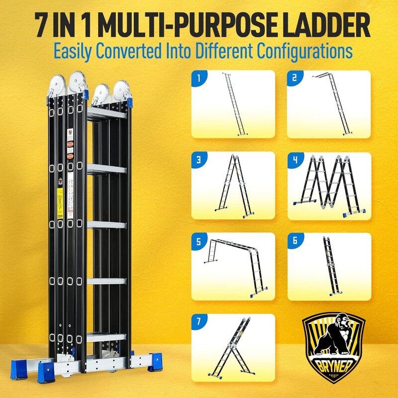 Bryner Folding Step Ladder,19.6ft,7 in1 Multi-Purpose90°Ladder Folding Adjustable Telescoping Aluminium Extension Ladders,330lbs