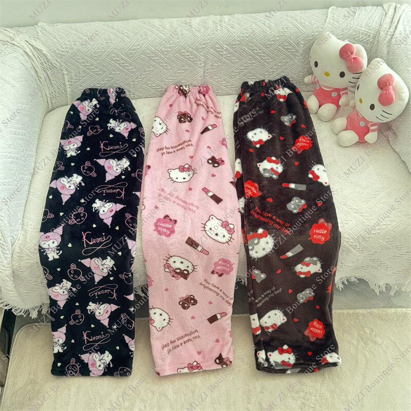 Sanurgente-Pantalon Hello Kitty pour femme, pyjama de dessin animé mignon, velours élastique doux, FJM confortable, pantalon pour la maison, cadeaux pour filles