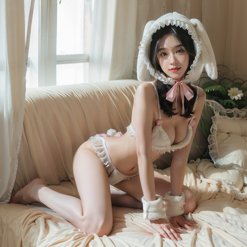 Disfraces de Cosplay de conejito blanco peludo Kawaii para mujer, disfraces exóticos de chica de Anime, traje de lencería Sexy, trajes para juegos de rol