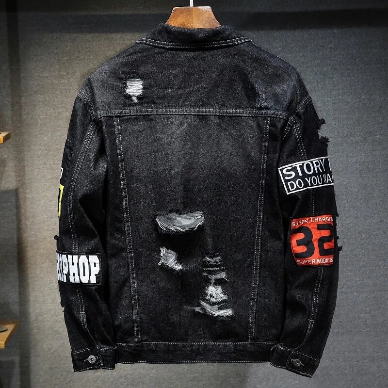 Men Brand Denim Jacket Hip Hop Streetwear Punk Motorcycle Ripped Print Cowboy Outwear High Quality Casual Hole Male Jeans Coat