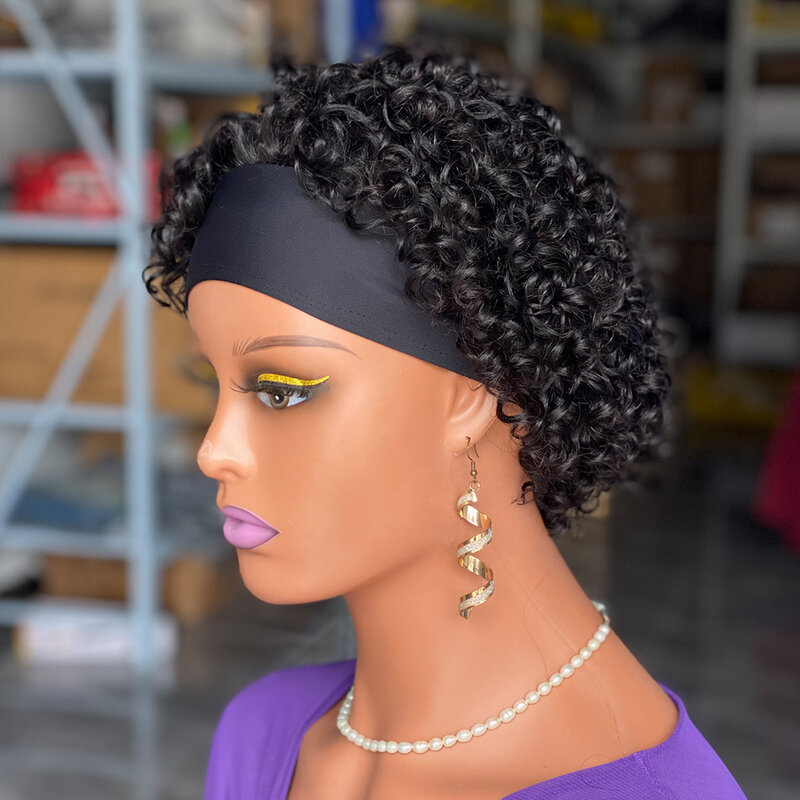 Peruca Curly Headband para Mulheres, Pixie Corte Perucas de Cabelo Humano, Cabelo Humano