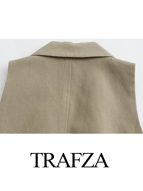 TRAFZA 여성용 턴다운 칼라 2024, 트렌디한 단색 상의, 민소매 레이스업 싱글 브레스트, 스트릿웨어 스타일 조끼, 여름