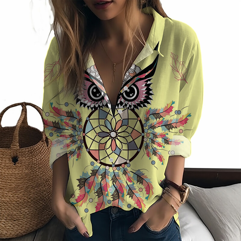 Camisa estampada Dreamcatcher feminina 3D, camisa estilo casual feminina, nova tendência da moda, primavera e outono