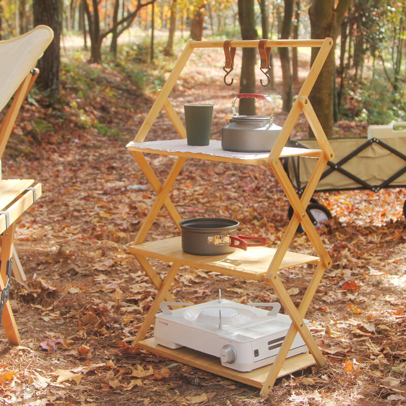 Rak sepatu Kemah luar ruangan, rak lipat banyak tingkat multifungsi pemasangan portabel bebas bambu penyimpanan kayu