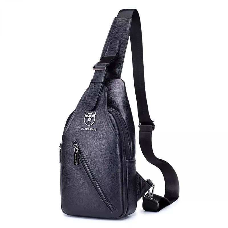 Men's Chest Bag Retro Genuine Cowhide Leather Soft Casual Business Black Litchi Grain Crossbody Bags