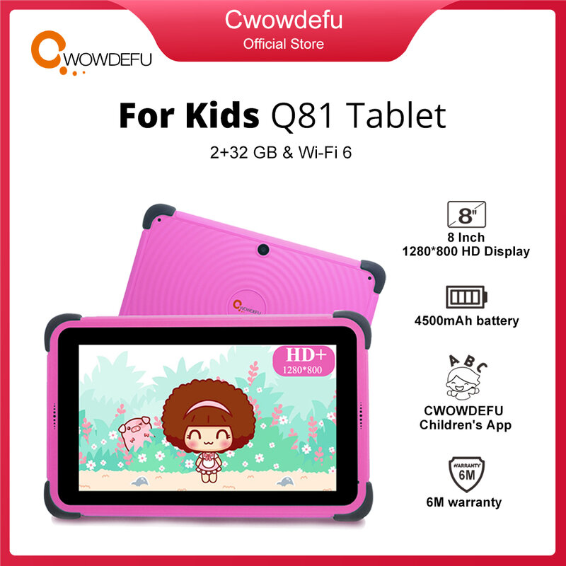 Cwowdefu Tablet Anak 8 ''IPS 1280*800 Android 11 WiFi 6 Quad Core 2GB 32GB Google Play Tablet PC Anak dengan Aplikasi Anak 4500MAh