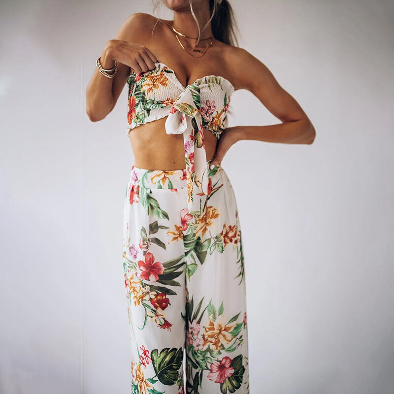 여성용 패션 끈이 없는 꽃 프린트 레이스 업 크롭탑, 여름 바지 세트, 섹시한 등이없는 와이드 레그 바지, 비치 투피스 세트