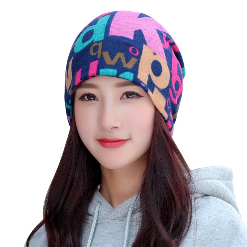 M2EA Topi Beanie Lembut Tebal dengan Grafiti untuk Wanita Topi Beanie Luar Ruangan Hangat Musim Dingin Tebal Topi Hangat