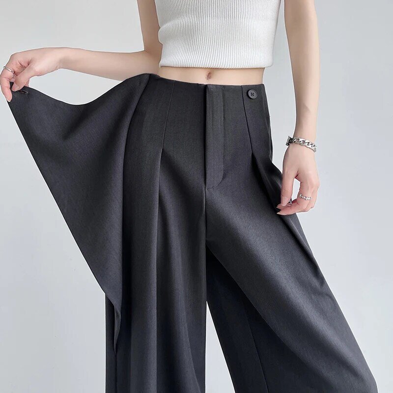 Chic Women Casual Loose Straight Floor Length Suits Pants 2024 Spring Summer Office Ladies High Waist Wide Leg Trousers WP20