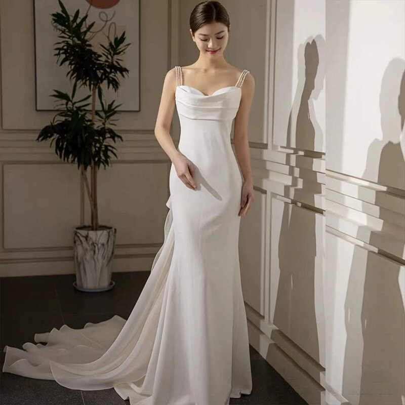 Женское винтажное свадебное платье, белое длинное платье на бретельках с открытой спиной и V-образным вырезом, без рукавов