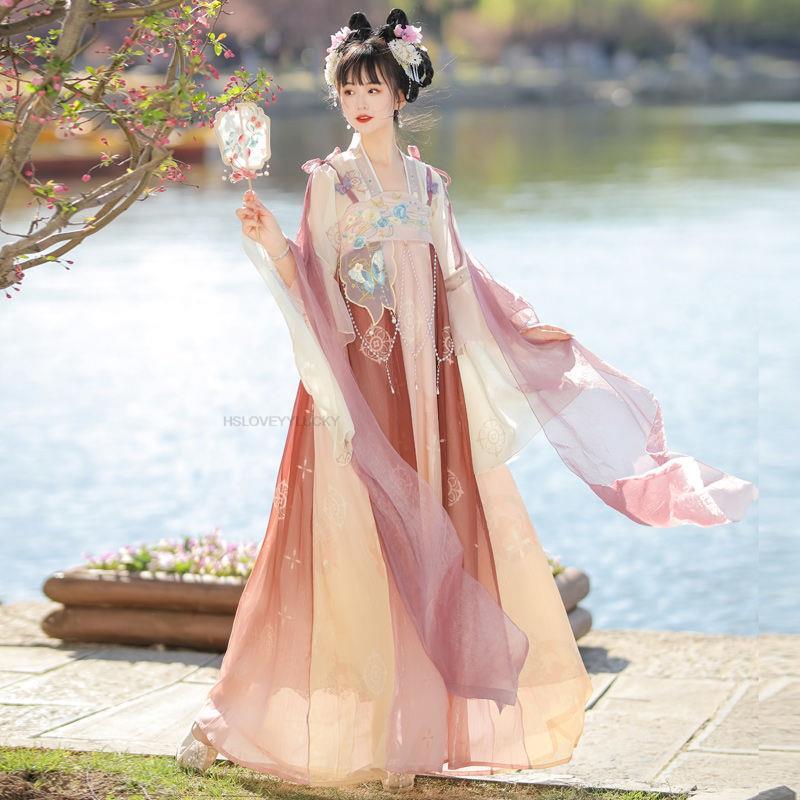 الصينية التقليدية Hanfu مجموعة فستان للفتيات ، الشرقية تأثيري ارتداء ، الأميرة القديمة ، الأزهار تانغ ، تأثيري ارتداء