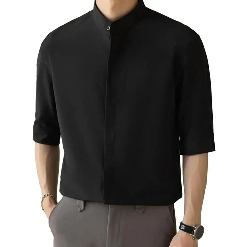 Camisa de negócios masculina com gola, camisa monocromática, camisa de negócios com meia manga, estilo cardigan slim fit, trajeto do escritório
