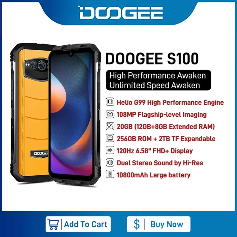 DOOGEE S100 6.58" FHD 120Hz Display 108MP AI Triple Camera 12GB+256GB Helio G99 Octa Core 66W Fast Charge 10800mAh Battery
