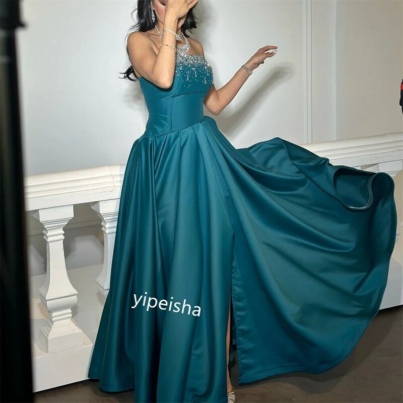 Prom Dress Satin Beading Engagement Ball Gown Strapless Bespoke Occasion Gown Long Dresses Saudi Arabia
