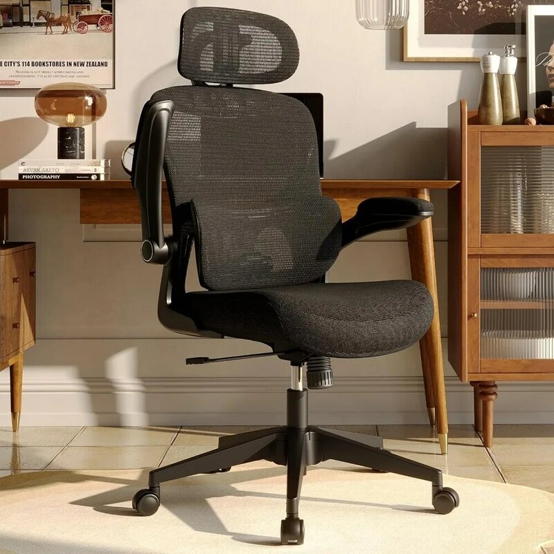 Kursi kantor jala ergonomis, kursi meja punggung tinggi dengan penyangga pinggang yang dapat diatur, lengan lipat, sandaran kepala, roda putar