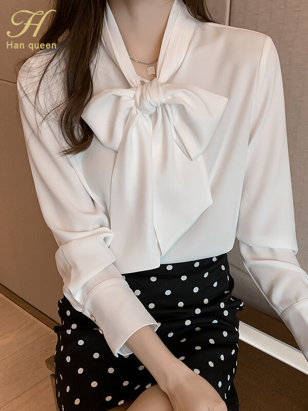 H Hàn Nữ Hoàng Xuân Thu Đơn Giản Công Sở Nữ Áo Sơ Mi Nữ Thắt Nơ Tay Dài Cổ Hàn Quốc Phong Cách OL Rời áo Kiểu Nữ