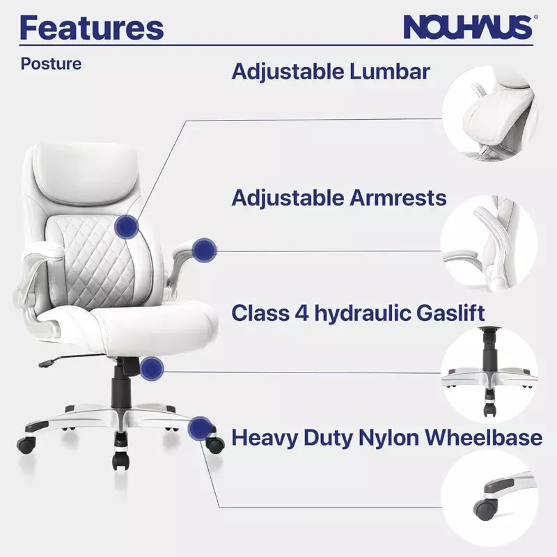 Ergonomic Leather Office Chair, 5-click Waist Support with Armrests, Modern Executive Chair and Computer Desk and Chair (white)