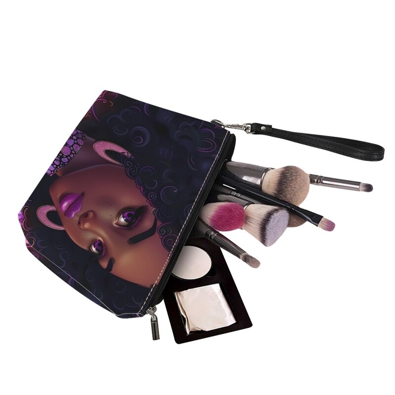 Tas kosmetik wanita cetak sesuai permintaan gadis Afrika cetak Kulit Dompet penyimpanan perjalanan Afro Gadis kantong Makeup Drop Shipping 2024