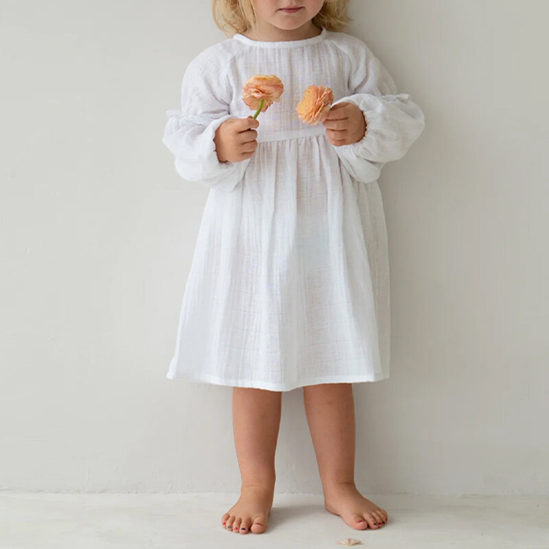 Robe en gaze de coton plissée pour filles, col rond, manches longues, robes décontractées, nouveau bébé, blanc, printemps, 100%, 2024