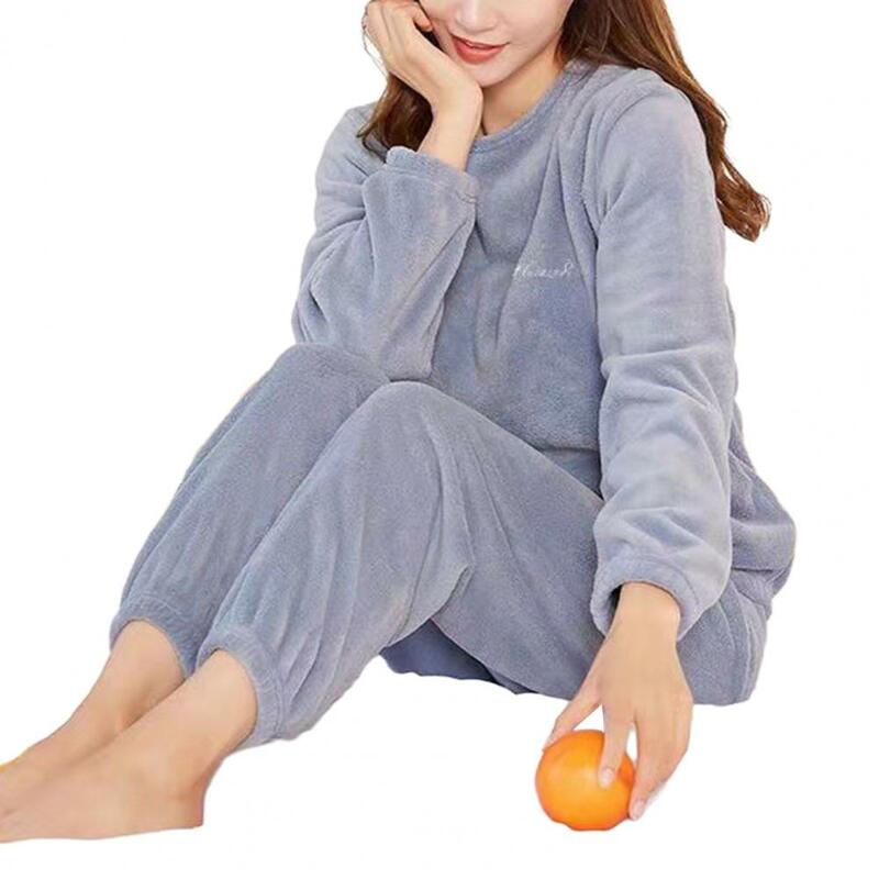 Conjunto de pijamas de invierno para mujer, ropa de dormir de felpa gruesa, Color sólido, cintura elástica, 2 piezas