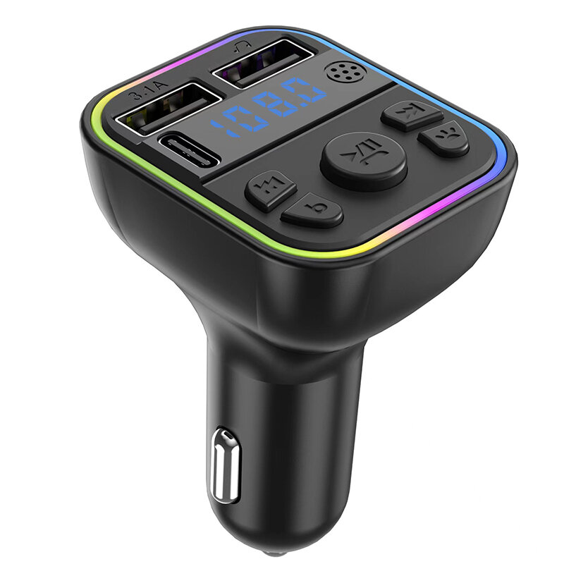 Cargador USB Dual tipo C para coche, transmisor FM, Bluetooth 5,0, reproductor MP3, lámpara de atmósfera RGB, carga manos libres, tarjeta TF, disco U