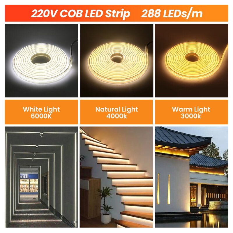 Dimmable COB LED Strip Lights para quarto, corda de fita flexível, impermeável, AC 220V, UE, 288Leds/m, 3000K, 4000K, 6000K, 0,5-20m