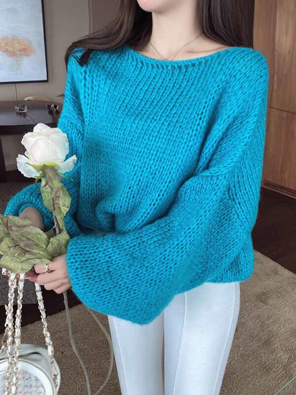 Sweater rajut warna polos wanita, Jumper longgar bahu terbuka lengan panjang Korea musim gugur dan dingin 2023