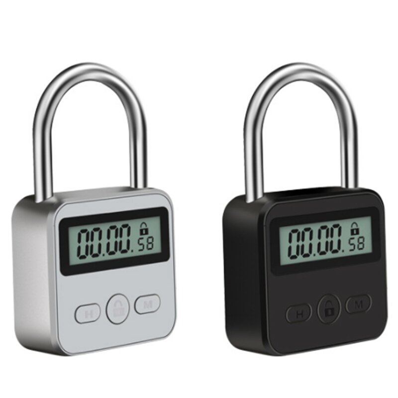 Metal Display LCD Timer Lock, Multi-Function Tempo eletrônico, 99 Horas Max Timing, Cadeado recarregável USB, Prata
