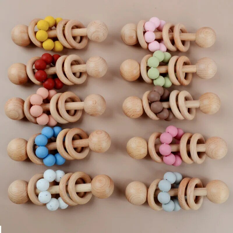 Safe Beech Wooden Baby Rattle Hand Bells Toys BPA Free Silicone Beads Newborn Chewing Shaking Mobile Rattle Baby Sensory Toy