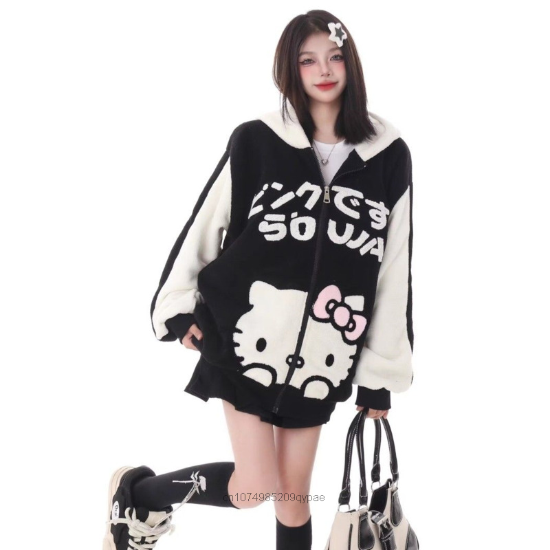 Sanrio Hello Kitty kardigan imut wanita, pakaian kardigan bertudung Y2k dipertebal baru musim gugur dan dingin