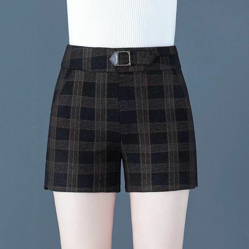 Calção de lã de cinco pontos feminino, versão coreana, versátil, com zíper, bolsos de botão, cintura alta, calça reta casual, moda