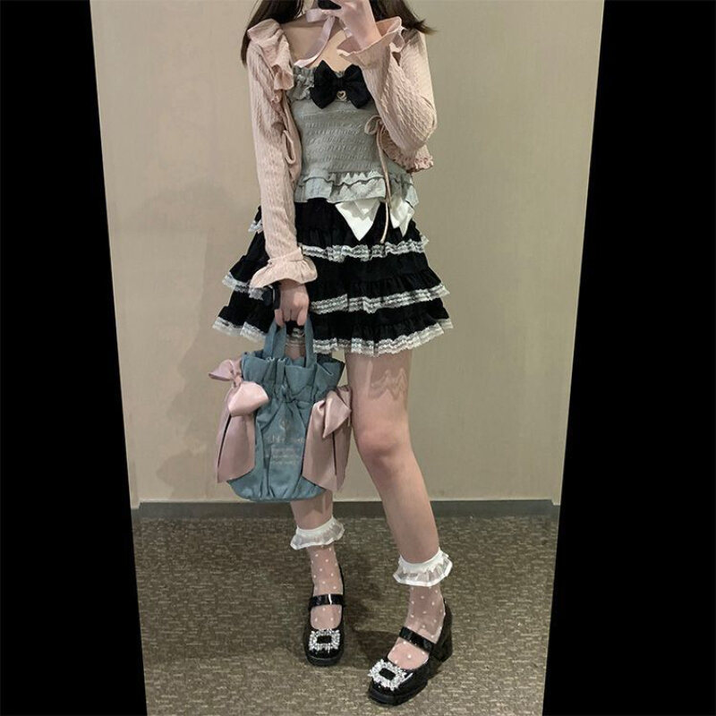 Deeptown Kawaii marszczona Lolita Mini spódniczka Harajuku styl japoński słodka krótkie spódniczki koronkowa patchworkowa plisowana gotycka spódnica
