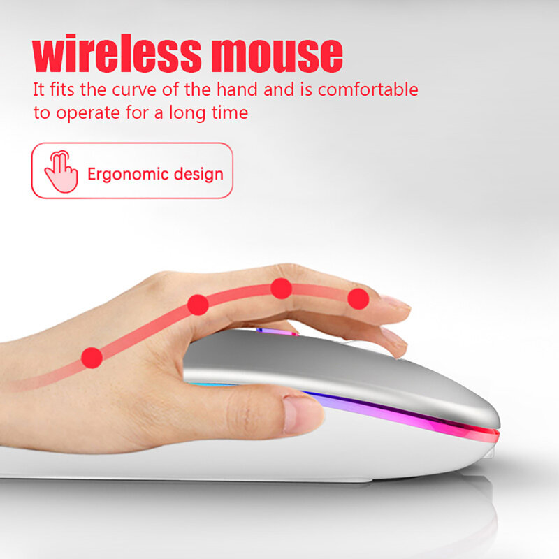 Mouse de design ergonômico sem fio fino, Mouse óptico de 2,4 GHz, 1600DPI, Gamer Office, Mouse silencioso, Receptor USB para PC, Laptop