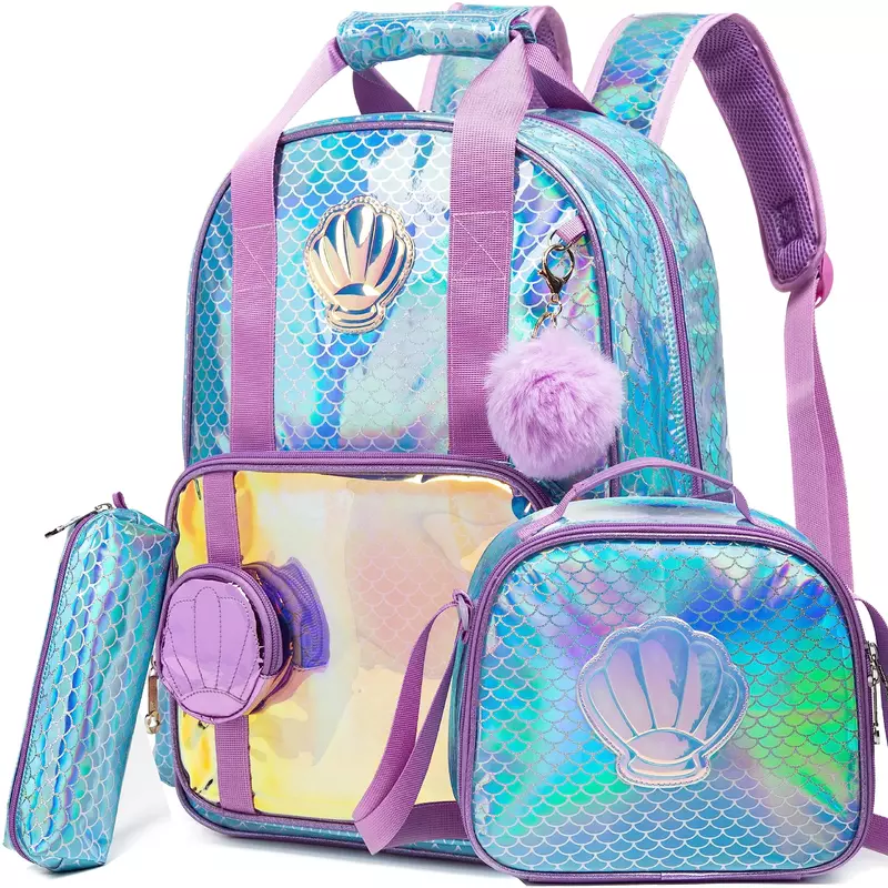 BIKAB tas ransel untuk anak perempuan, tas sekolah pelangi dan bintang dengan Set kotak makan siang untuk taman kanak-kanak Glitter payet untuk anak perempuan