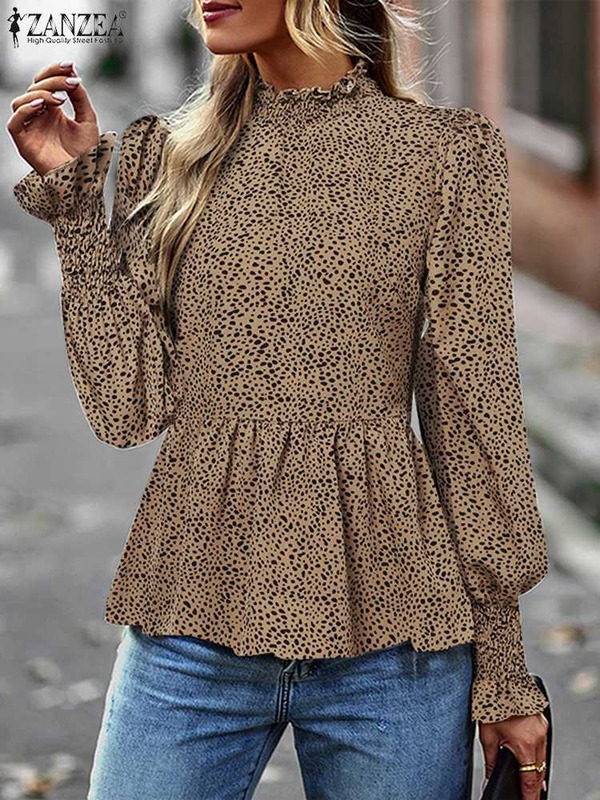 Блузка ZANZEA Женская плиссированная с оборками, пикантная рубашка с леопардовым принтом, модный топ с воротником-стойкой, длинным рукавом и поясом, осень 2023