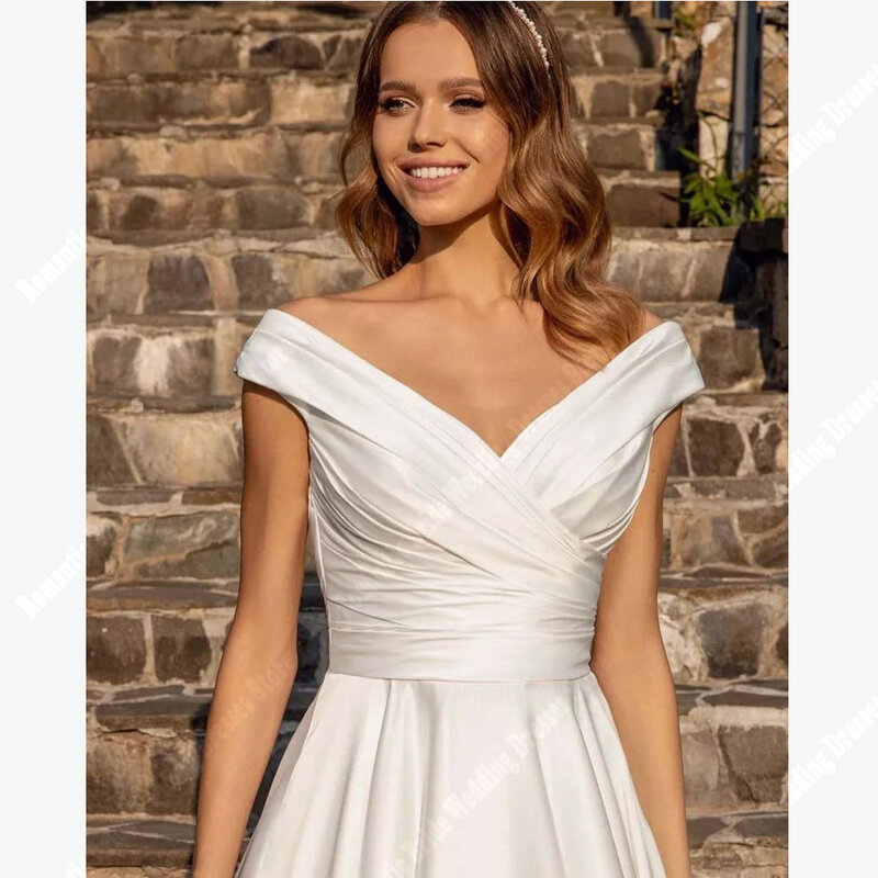 Branco fora do ombro vestidos de casamento para mulheres, vestidos de noiva sem mangas, superfície cetim romântico, comprimento de esfregar, 2024