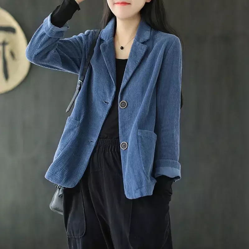 Blazer feminino de veludo curto, casaco monocromático, jaqueta de manga comprida com bolsos, casaco feminino com gola, botão monocromático, novo para primavera e outono