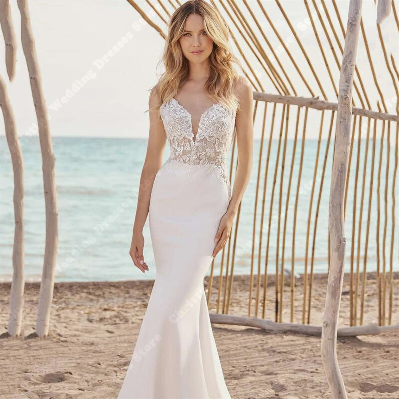 Sexy Pretty White Mermaid Wedding Dresses For Women Bridal Gowns Modern Bright Lace Printing Mopping Length Vestidos De Novias