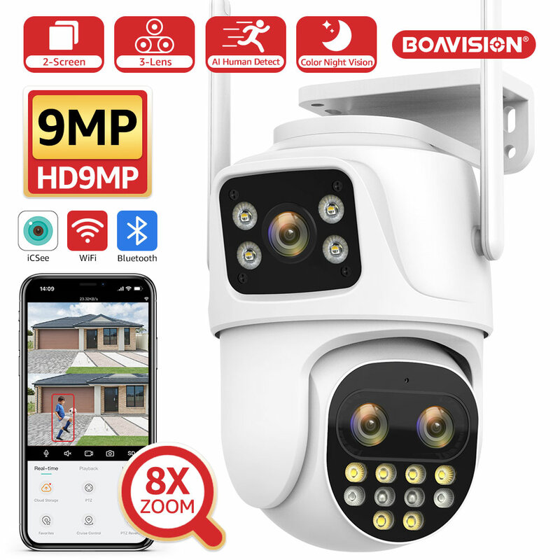 Wifi Surveillance Camera Outdoor PTZ 9MP Three lens 8X Digital Zoom AI Auto Tracking Humanoid Detection 4MP Security Camera