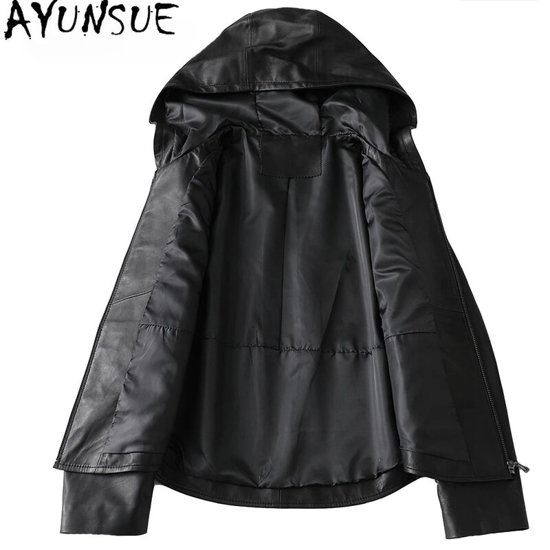 AYUNSUE-abrigo de piel de oveja auténtica para Mujer, Chaqueta con capucha, a la moda, de alta calidad, 100%