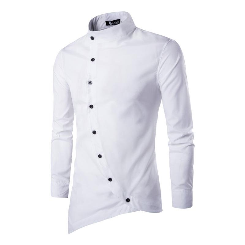 Camisa masculina slim fit de vestido de bolso, manga comprida, placket diagonal, moda casual