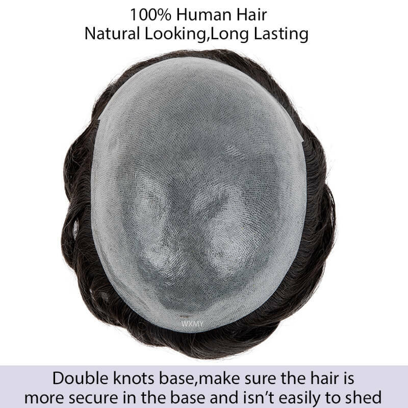 튼튼한 매듭 피부 남성 모발 보형물 100%, 자연스러운 인모, 남성용 가발, 모세관 시스템 유닛, 0.06-0.08mm
