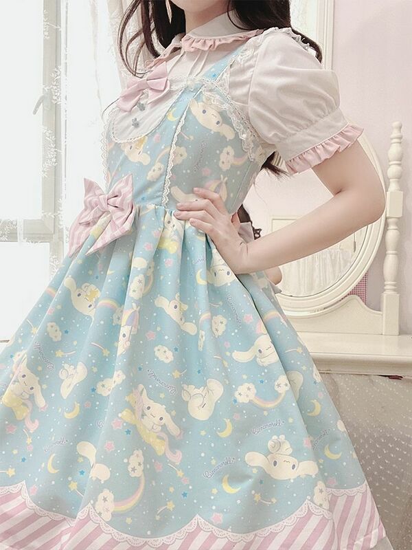 Doce Lolita Jsk Cartoon Print Princess Dress para Mulheres, Cute Bow Lace Party Strap Dresses, Girly Harajuku Kawaii Y2k Mini Dress