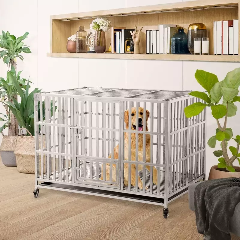New-RyBuy 48" Stackable Heavy Duty Dog Crate Pet Stainless Steel Kennel Cage for Large Dogs with Tray in-Door Foldable, Portable
