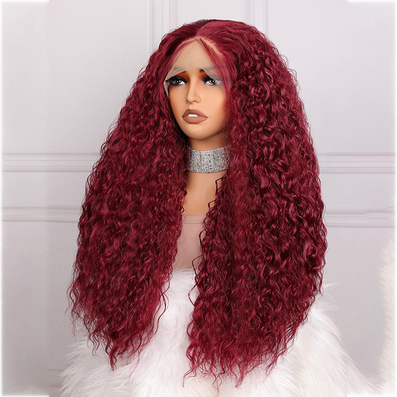 Бордовый Мягкий длинный кудрявый парик 26 дюймов с плотностью 180, с кружевом спереди 99j, для черных женщин, Детские волосы, без клея, предварительно выщипанные, термостойкие, повседневные