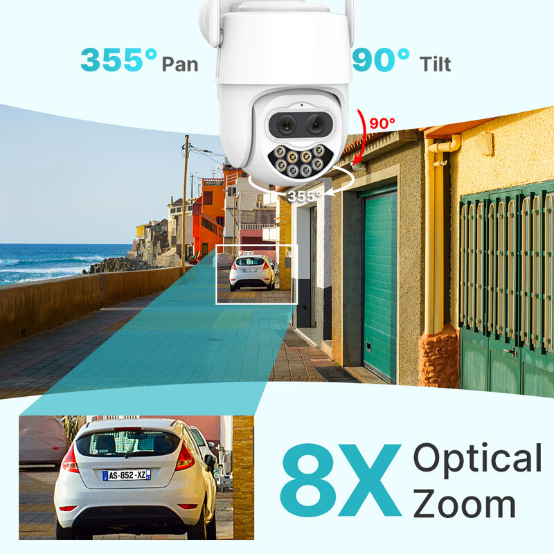 Kamera CCTV Video pengawasan IP, 4K 8MP 2.8 + 12mm lensa ganda WiFi PTZ 8X Zoom Digital warna penglihatan malam deteksi manusia