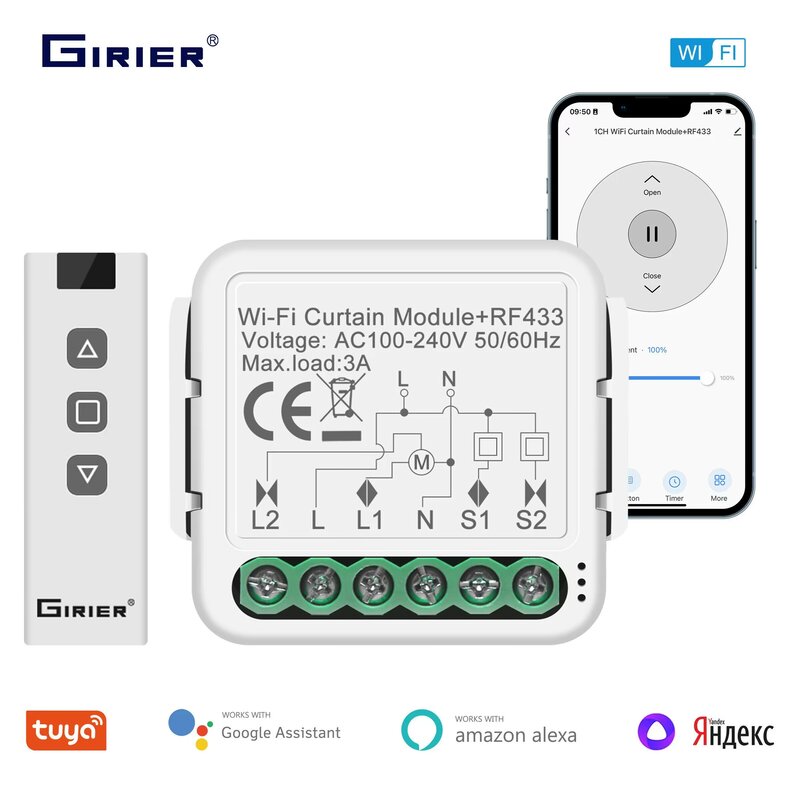 Girier Tuya Smart Wifi Rf433 Gordijnschakelmodule Voor Elektrische Rolblinde Motor 1 Bende Werkt Alexa Alice Google Home